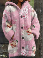 Pink Santa Claus Printed Knit Hoodie