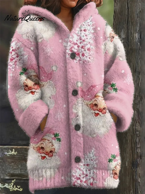 Pink Santa Claus Printed Knit Hoodie