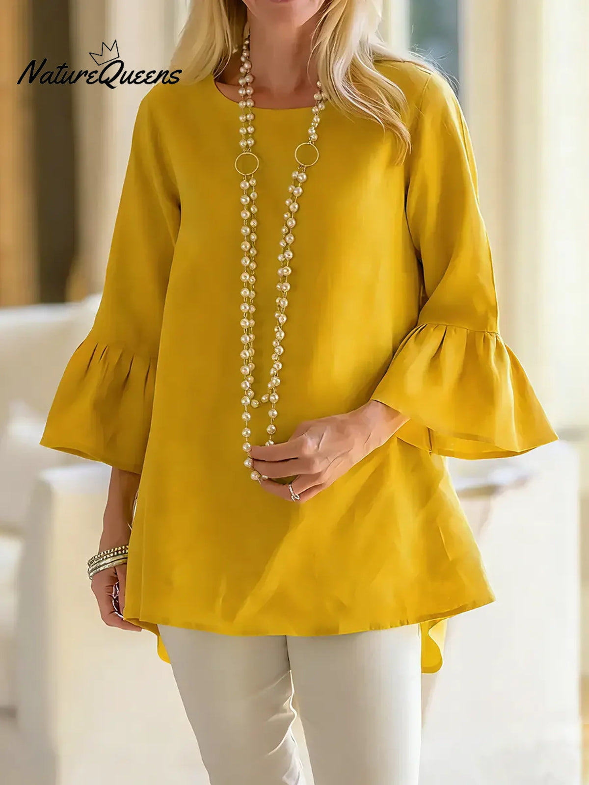 Women's Solid Color Round Neck Three-quarter Sleeve Casual Loose Cotton And Linen Top