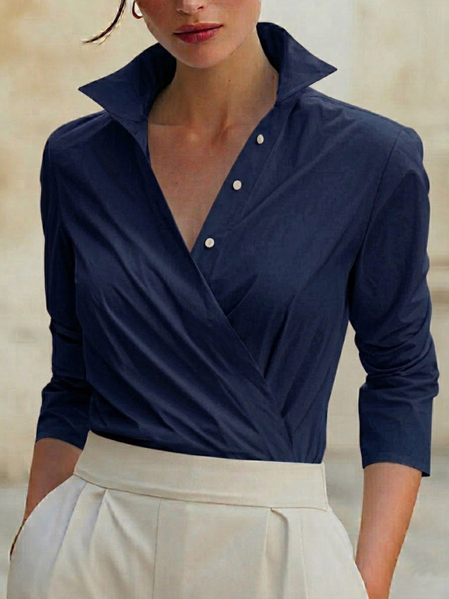 Women's Solid Color Stand Collar 3/4 Sleeve Casual Loose Cotton Shirt