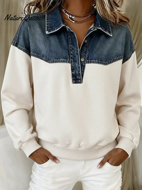 Women's Casual Patchwork Denim Cotton Sweatshirt