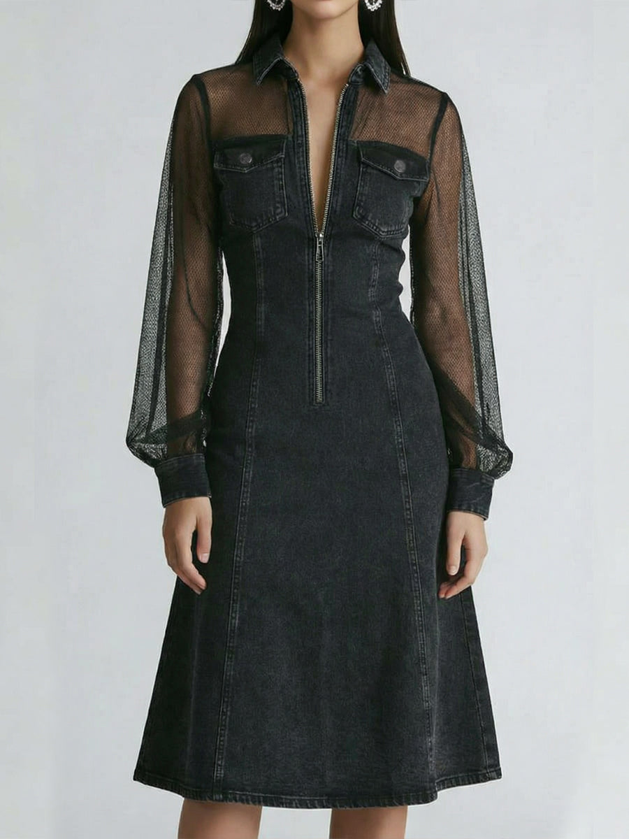 A Stylish Denim Dress With Mesh Sleeve Paneling.