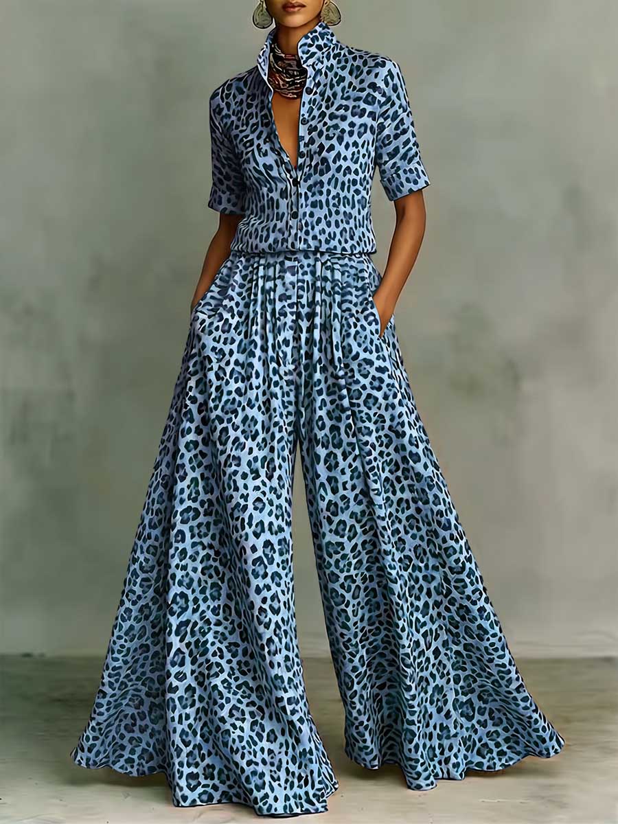 Women's Leopard Print Matching Set: Short-sleeve Shirt-collar Loose-fit Top & High-waisted Wide-leg Pants