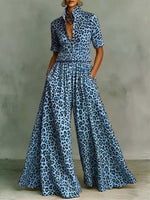 Women's Leopard Print Matching Set: Short-sleeve Shirt-collar Loose-fit Top & High-waisted Wide-leg Pants