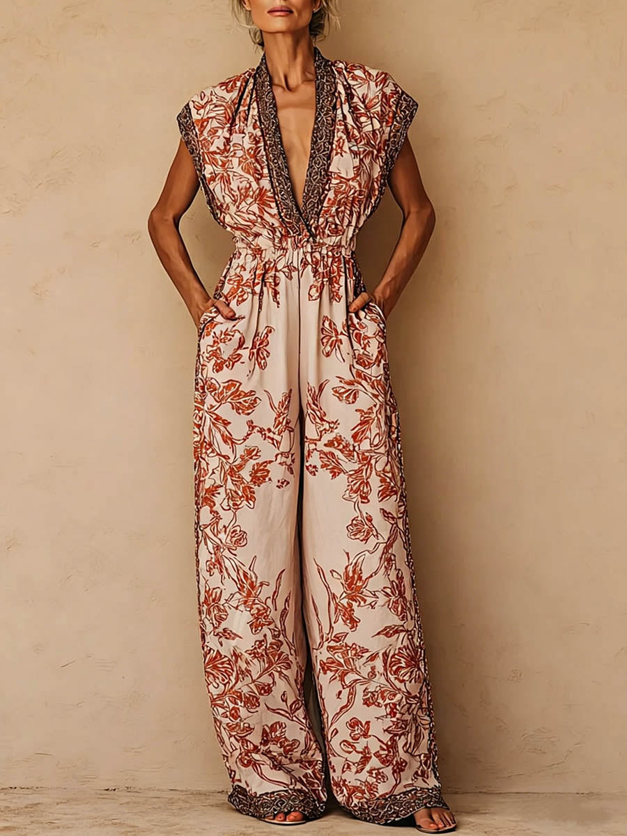 Women's Vintage-print V-neck Short-sleeve Jumpsuit — Casual Loose-fit Wide-leg Cotton-linen Romper