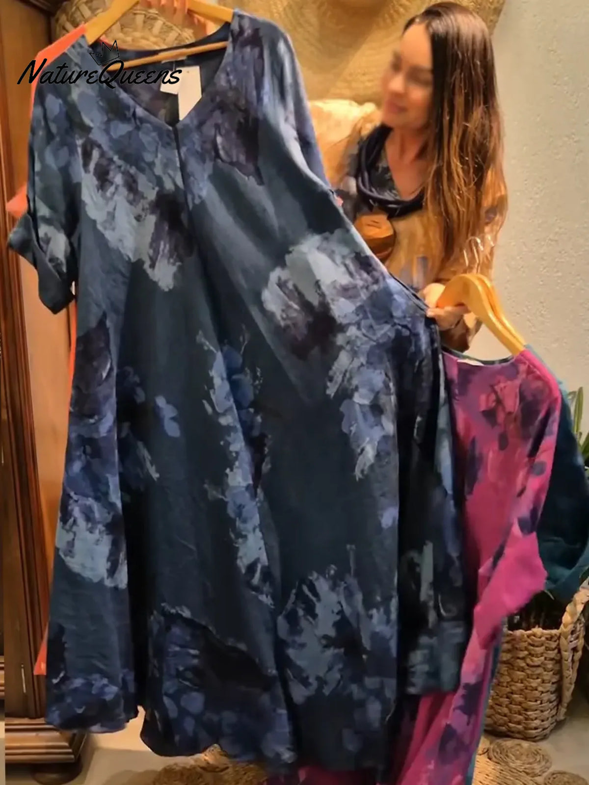 Women's Vintage Abstract Print V-neck Long-sleeved Casual Loose Cotton Dress