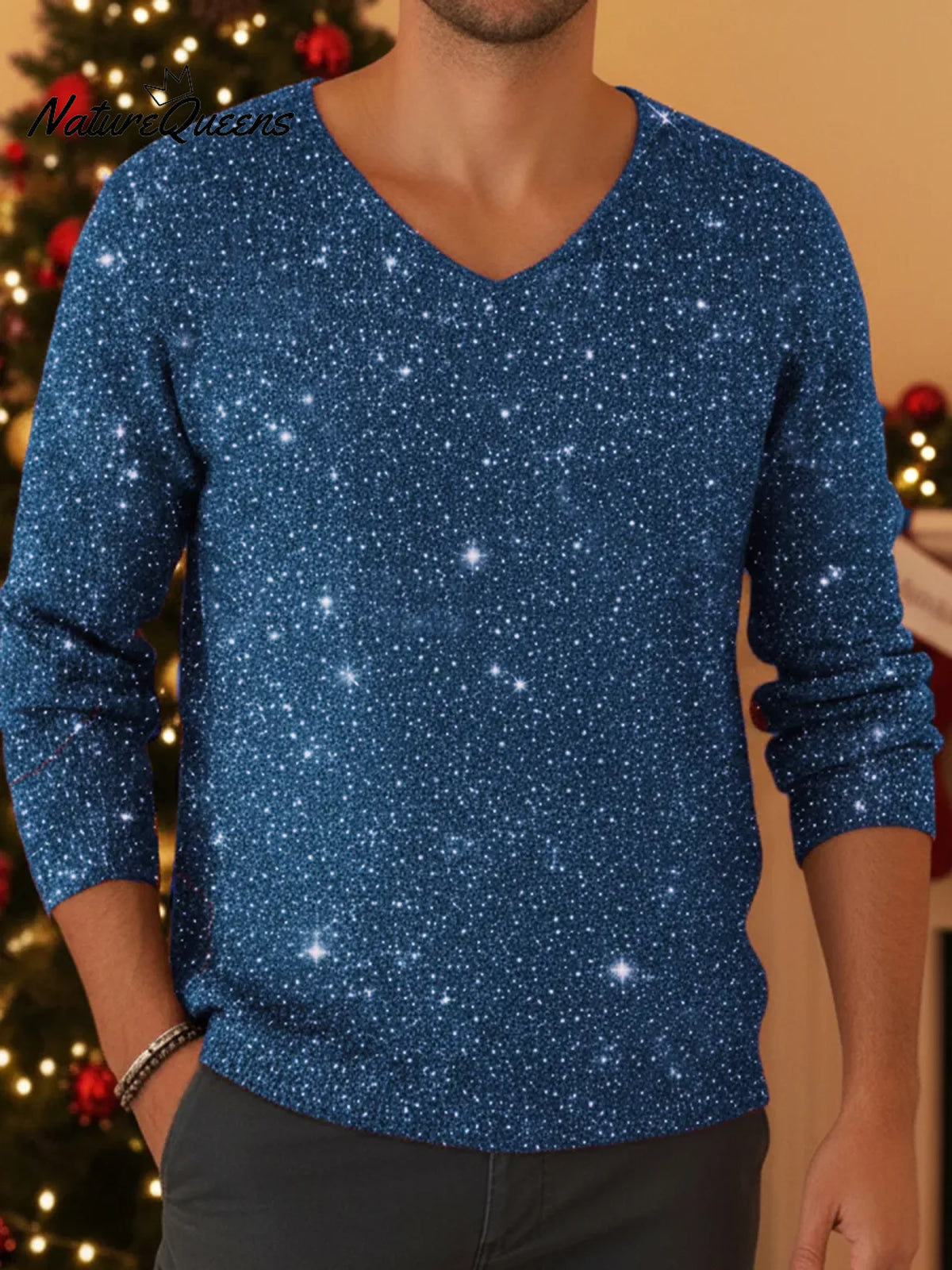 Men's Retro Christmas V-neck Sparkling Knit Sweater Top