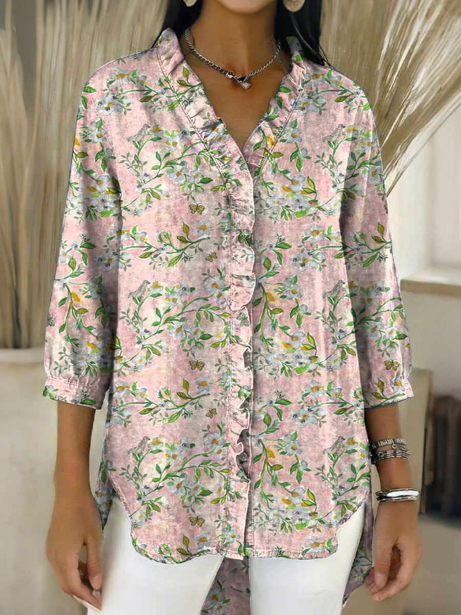 Women's Retro Gradient Flowers Floral Art Casual Denim V-neck Ruffled Shirt