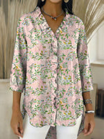 Women's Retro Gradient Flowers Floral Art Casual Denim V-neck Ruffled Shirt