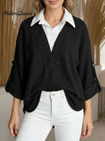 Women's Long-sleeved Casual Loose Shirt With Contrasting Color Splicing And A Faux Two-piece Design.