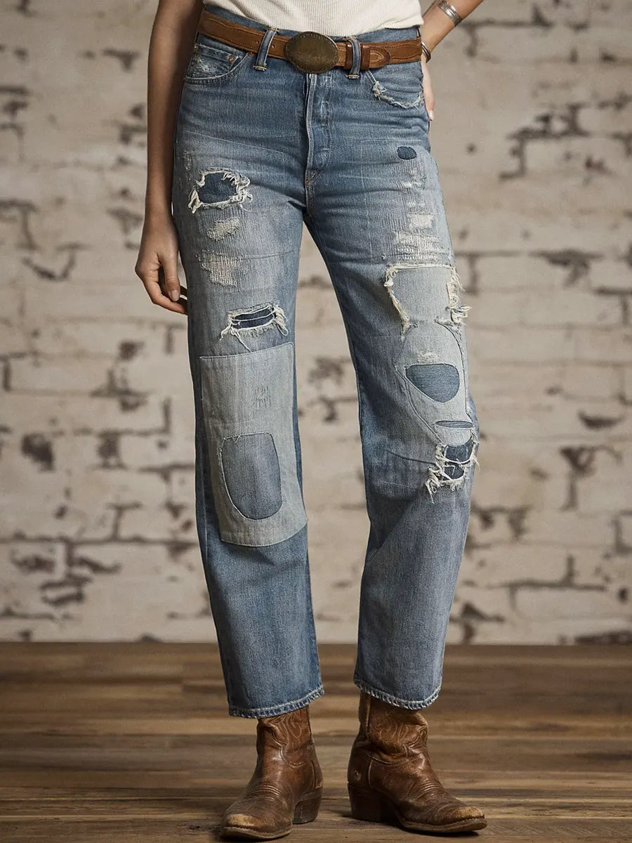 Women's Vintage Pattern Art Print Casual Cotton Denim Jeans