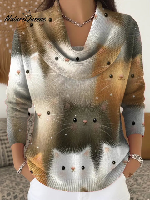 Women's Funny Cats Pattern Art Print Casual Cowl Neck Sweater
