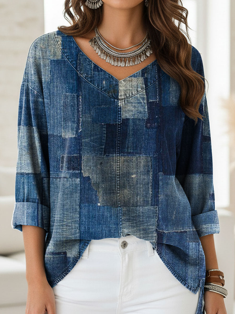 Women's Retro Patchwork Print Casual Denim Shirt