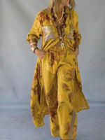 Casual, Loose-fitting Two-piece Set Featuring A Long Shirt And Trousers, Crafted From A Linen-cotton Blend With Printed, Sequined, And Spliced detailing.