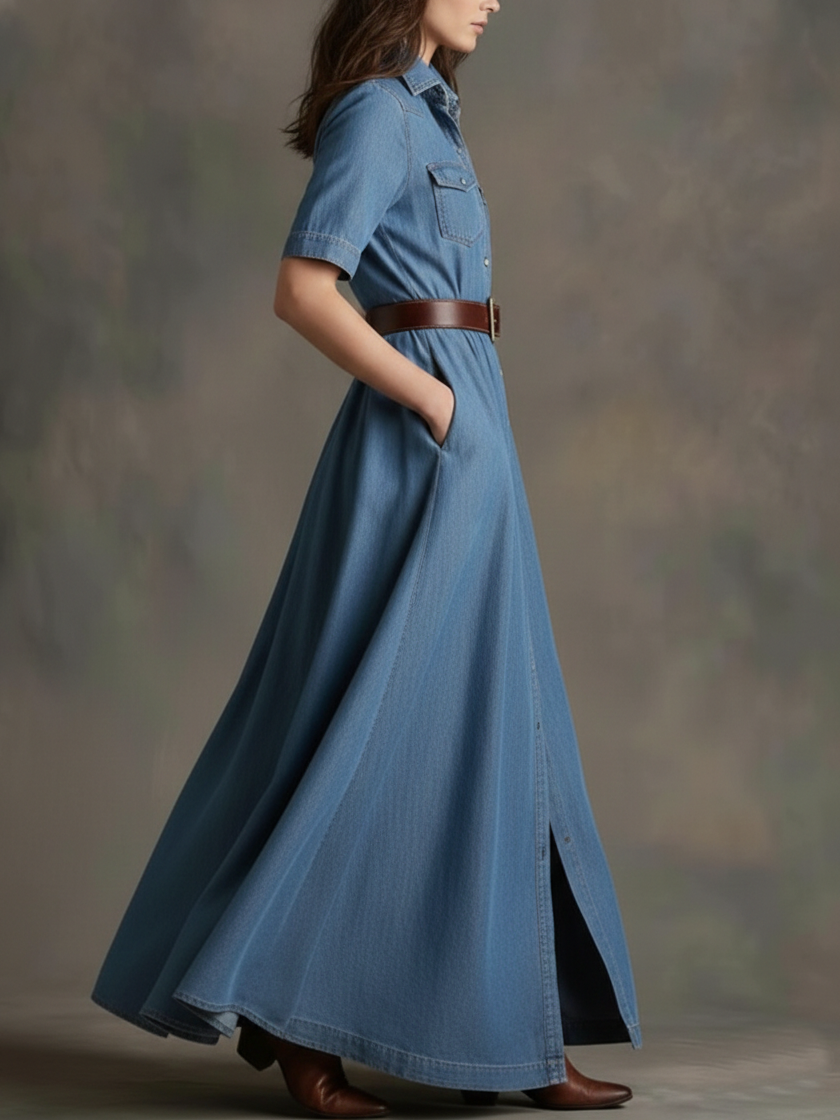 Casual Shirt Collar Button-up Denim Maxi Dress
