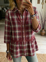 Casual Patchwork Cutout Webbing Plaid Linen-cotton Shirt