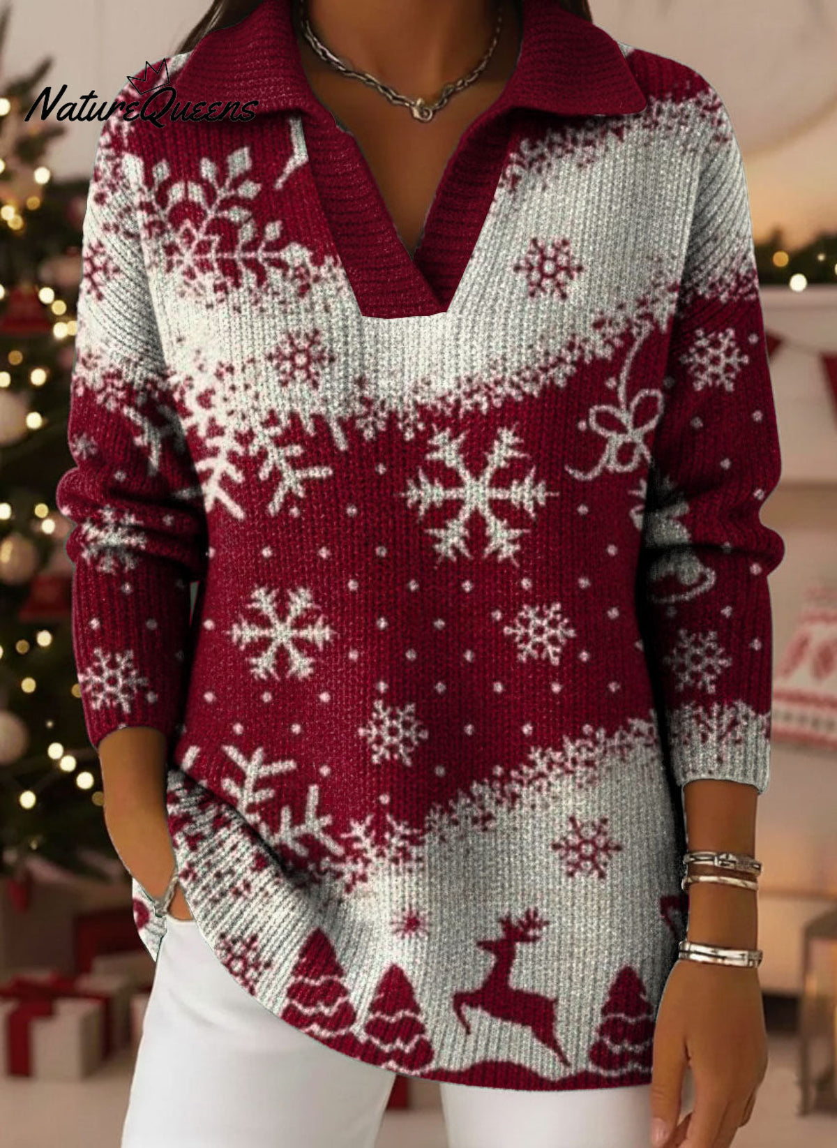 Retro Christmas Snowflake Art Pattern Polo Collar Shiny Loose Sweater Top