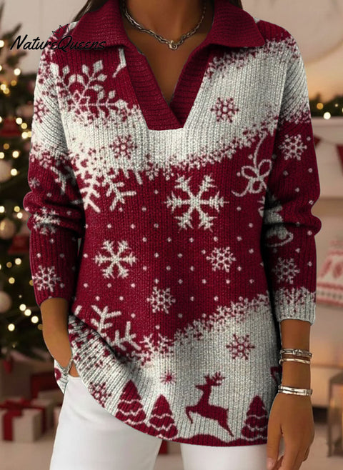 Retro Christmas Snowflake Art Pattern Polo Collar Shiny Loose Sweater Top