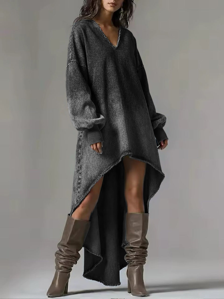 Women's V-neck Long-sleeved Casual Loose-fitting Denim Dress With A Shorter Front And Longer Back Hem.