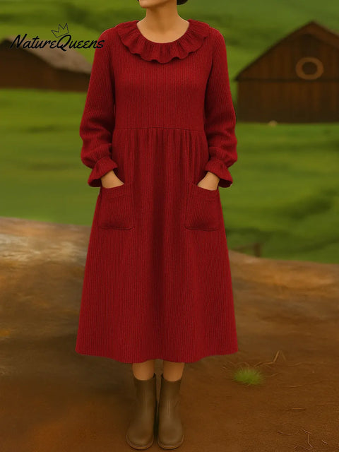 Women's Solid Color Round Neck Ruffled Long Sleeve Casual Loose Pocket Knit Dress