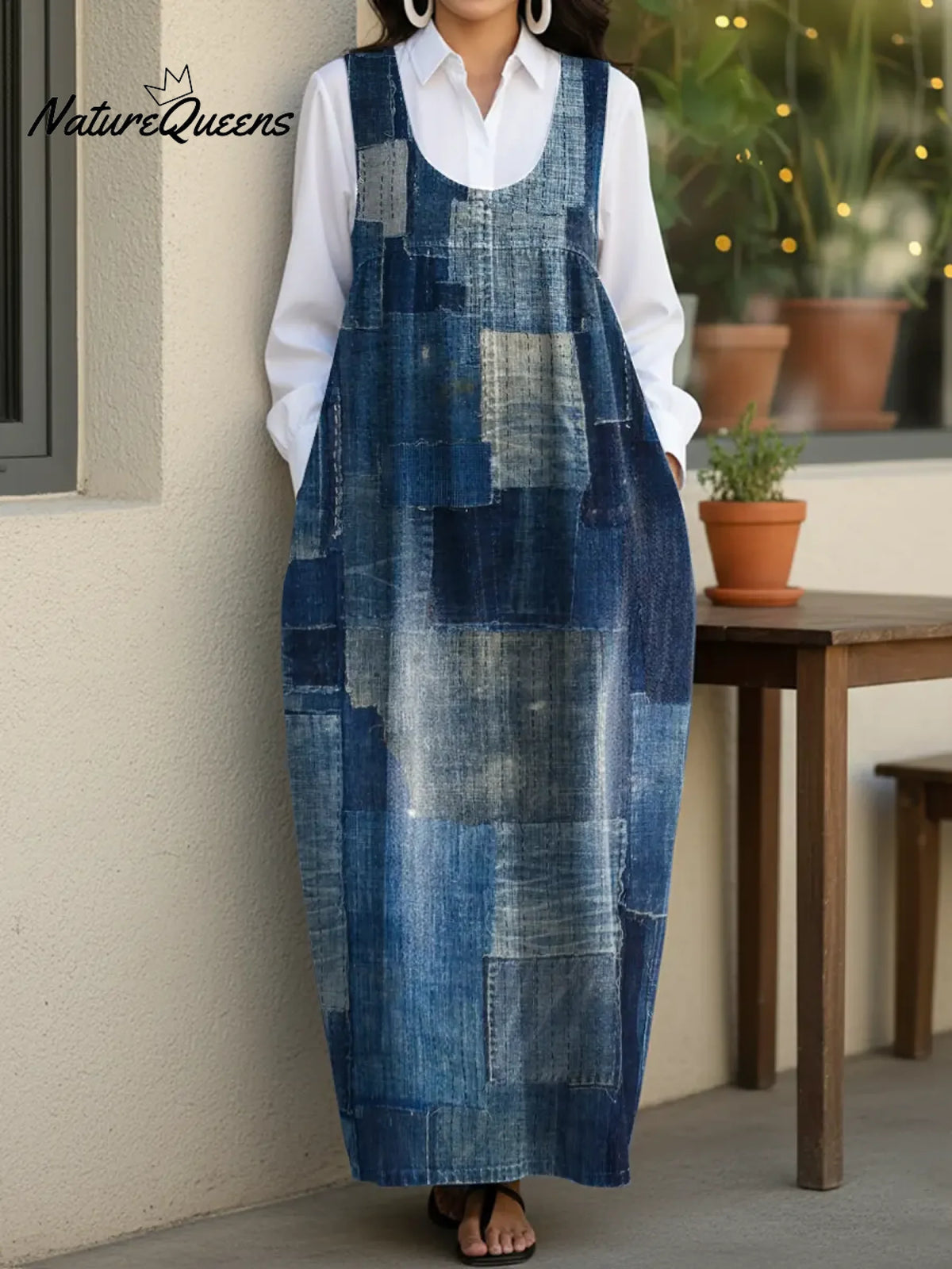 Women's Retro Patchwork Art Casual Loose Denim Vest Dress