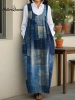 Women's Retro Patchwork Art Casual Loose Denim Vest Dress