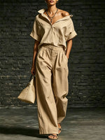 Women's Solid-color Casual Lapel Short-sleeve Shirt And Wide-leg Trousers Set