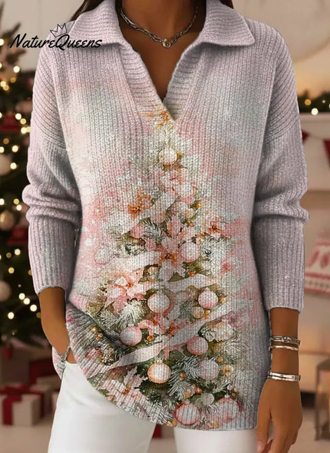 Women's Christmas Tree Art Print Casual Cotton Sweater