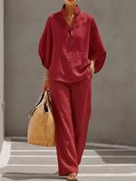 Casual Batwing Sleeve Linen And Cotton Shirt And Trousers Two-piece Set