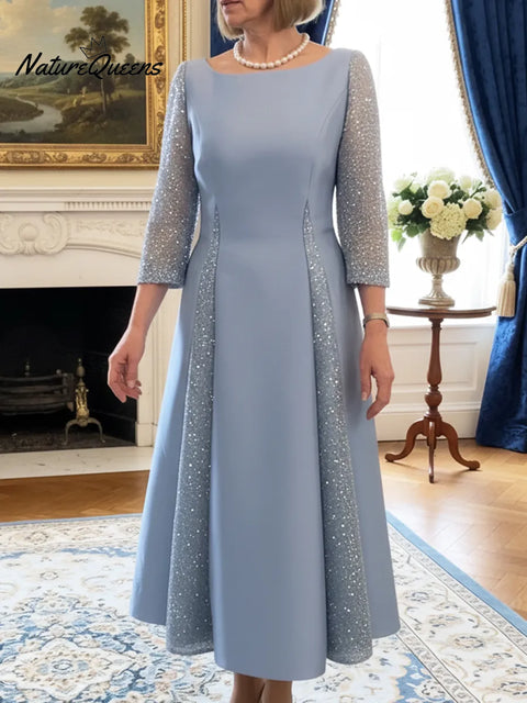 Elegant Round Neck Patchwork Sparkling Midi Dress