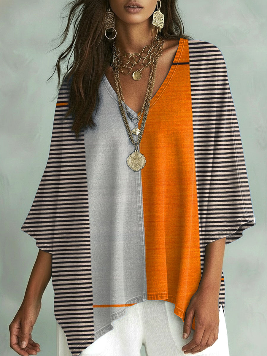 Women's Vintage Geometry Art Print V-neck Loose Shirt