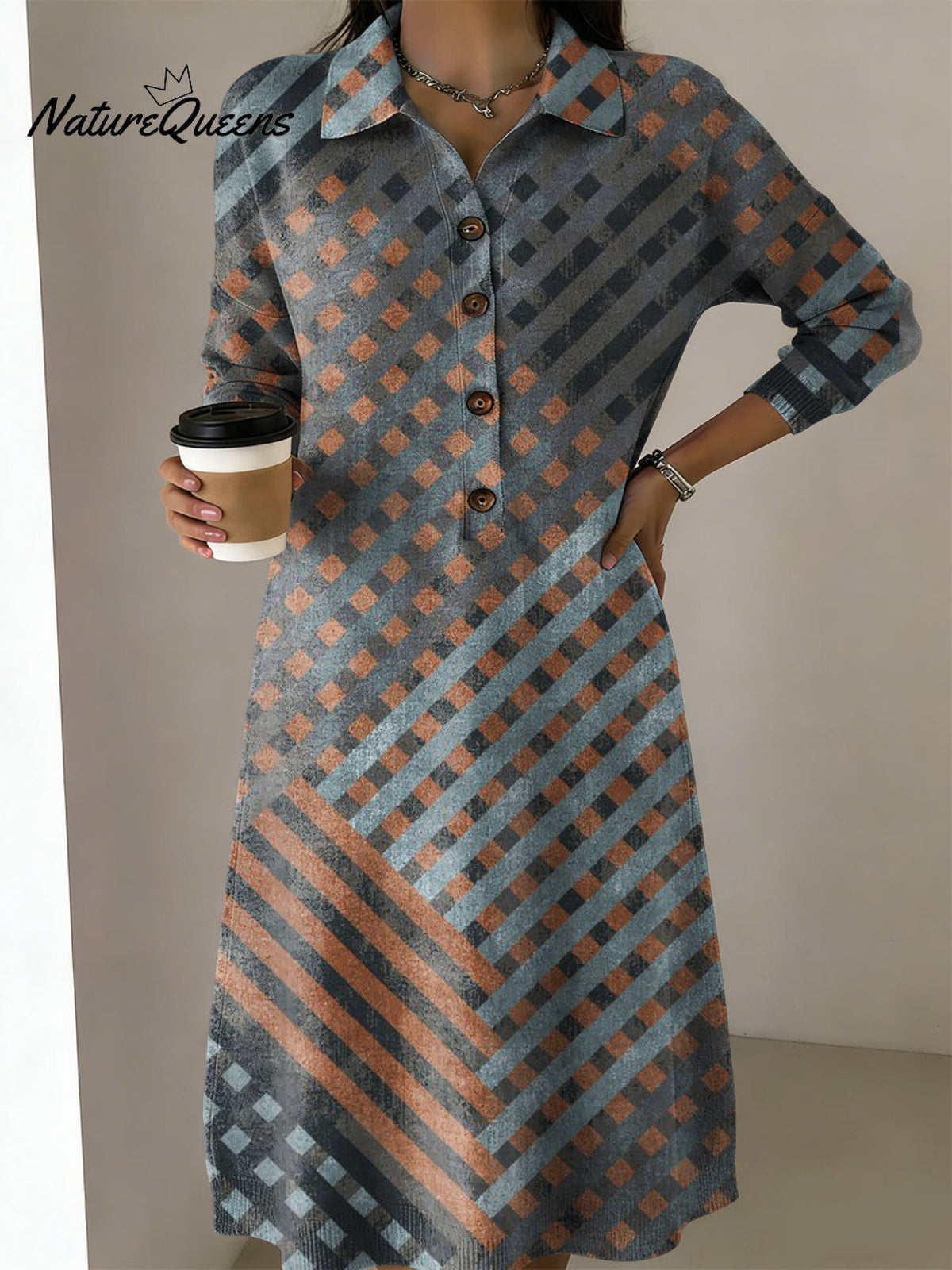 Women's Geometric Line Decorative Patterns Casual Shirt Collar Long Sleeve Dress