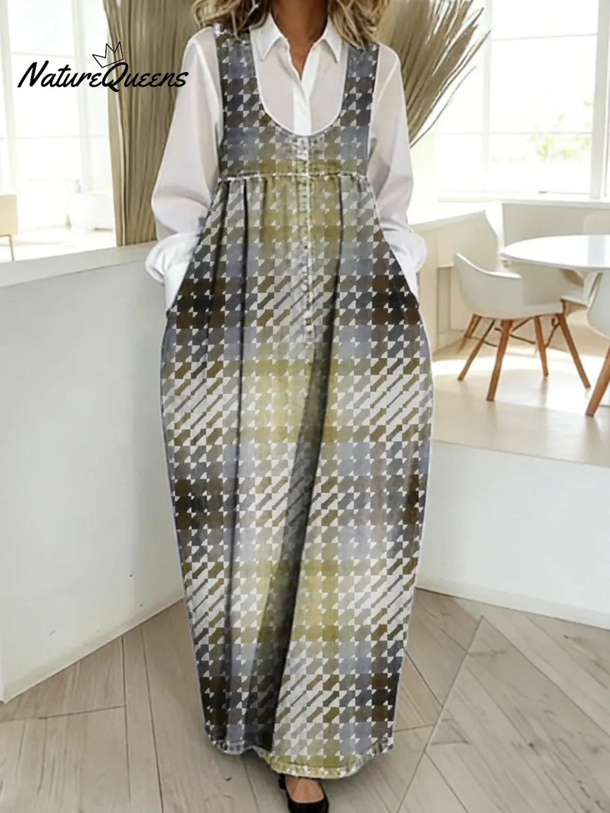 Women's Plaid Pattern Art Print Casual Cotton Denim Dress