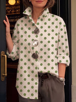 Women's Polka Dot Print Cotton Shirt — Lapel Collar Long Sleeve Casual Loose Fit