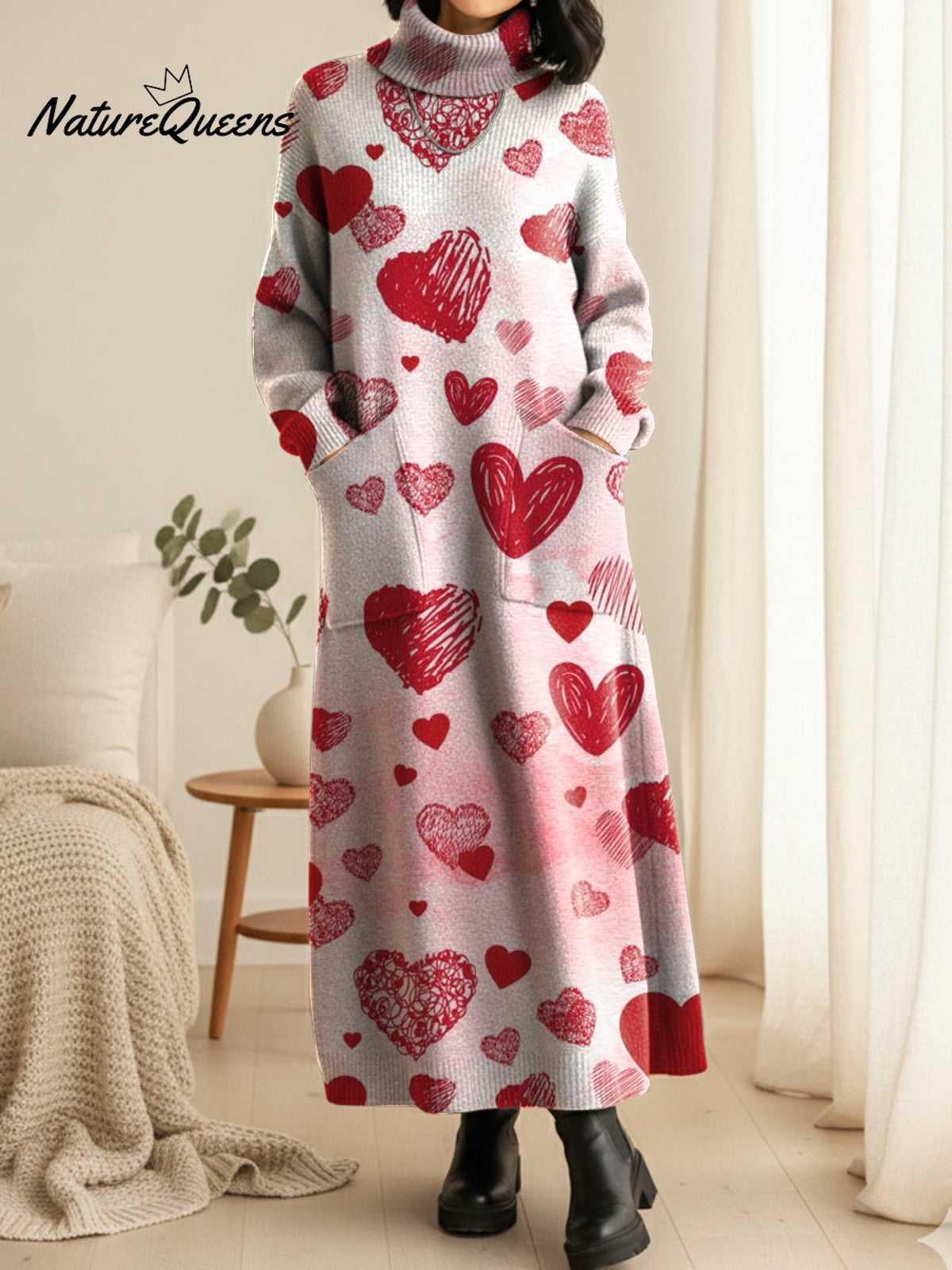 Women's Heart-shaped Print Valentine's Day Casual Cotton Knitted Dress
