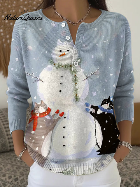 The Cat Building A Snowman Print Buttoned Cardigan Sweater