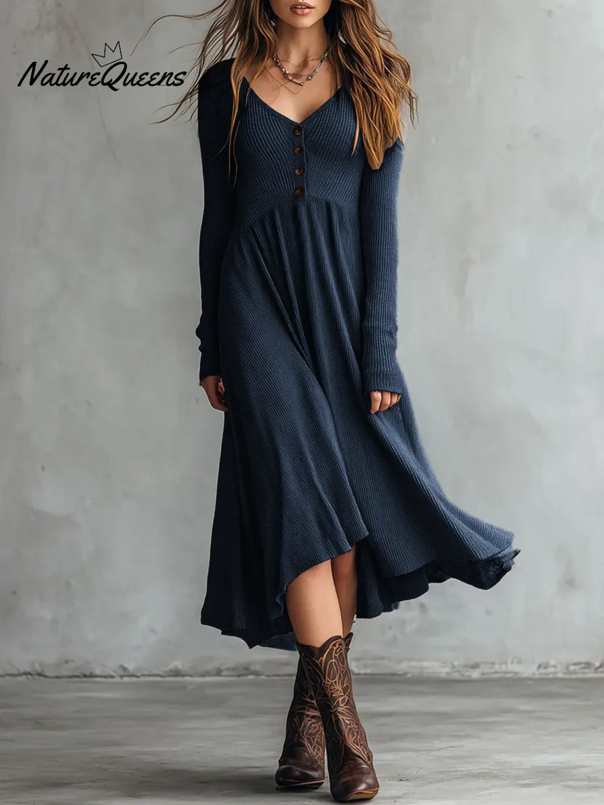 Women's Solid Color V-neck Long-sleeved Loose A-line Knitted Dress