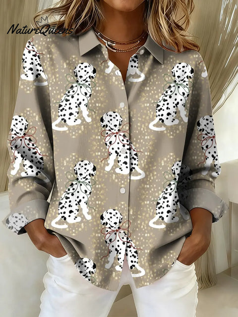 Women's Funny Christmas Dog Art Print Casual Cotton Shirt