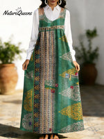 Women's Retro Colorful Flowers Pattern Art Print Casual Cotton Denim Dress