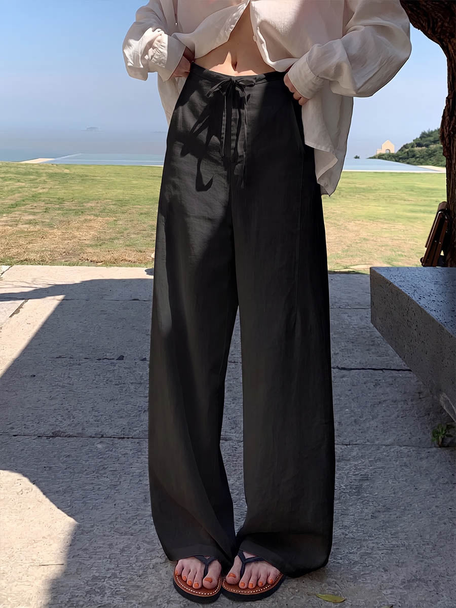 Women's Solid-color High-waisted Drawstring Loose-fit Cotton-linen Wide-leg Pants