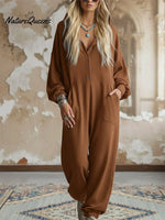 Casual Cozy Loose Hooded Button-up Cotton Jumpsuit