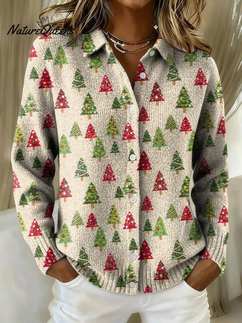Women's Christmas Tree Printed Collared Sweater