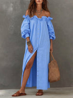 Vestido largo elegante y romántico para mujer, con hombros descubiertos, volantes y botones.