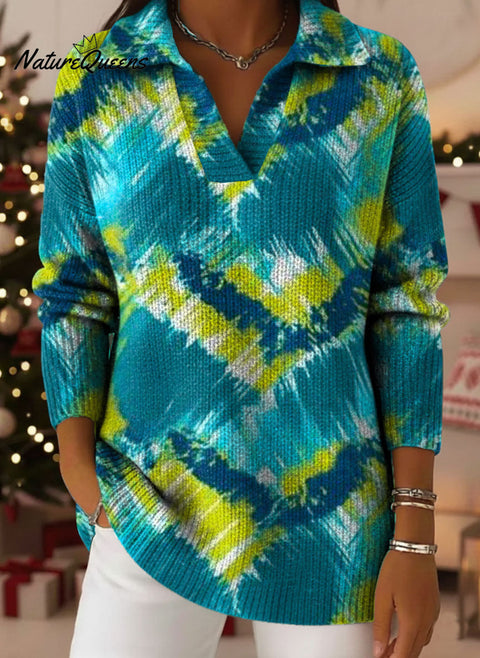 Retro Ethnic Art Pattern Polo Collar Shiny Loose Sweater Top