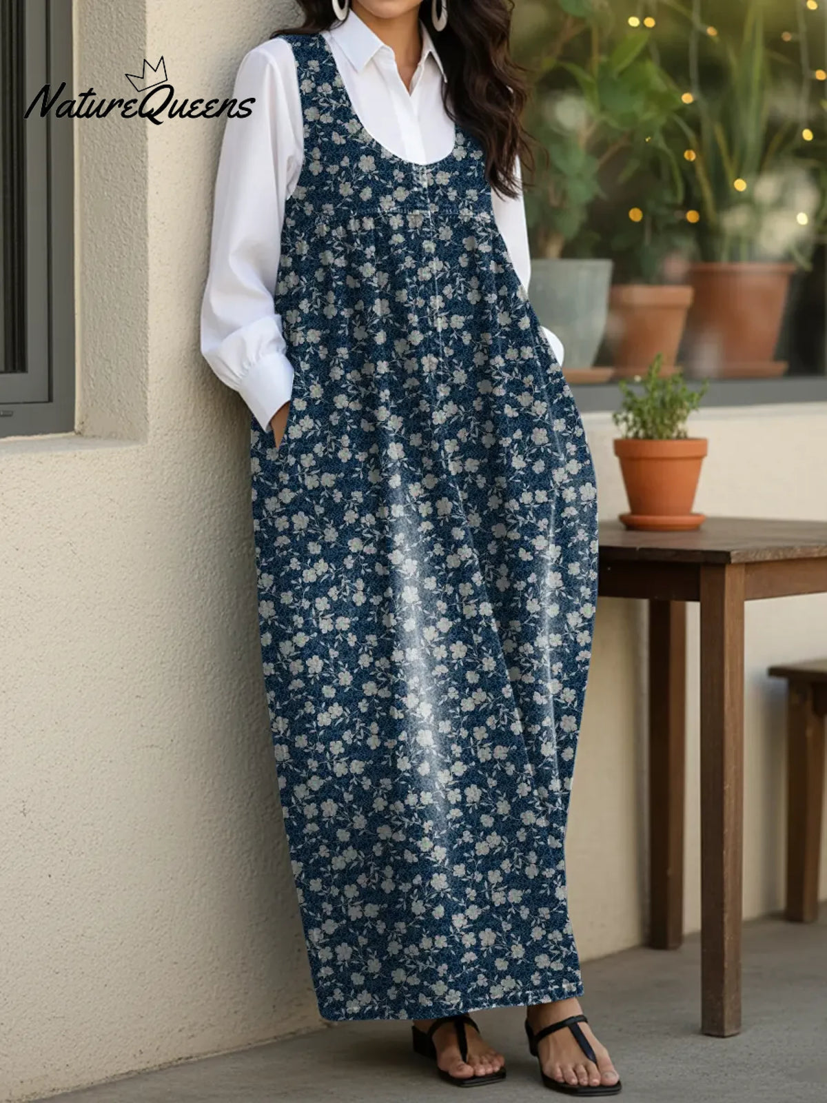 Women's Floral Art Casual Loose Denim Vest Dress