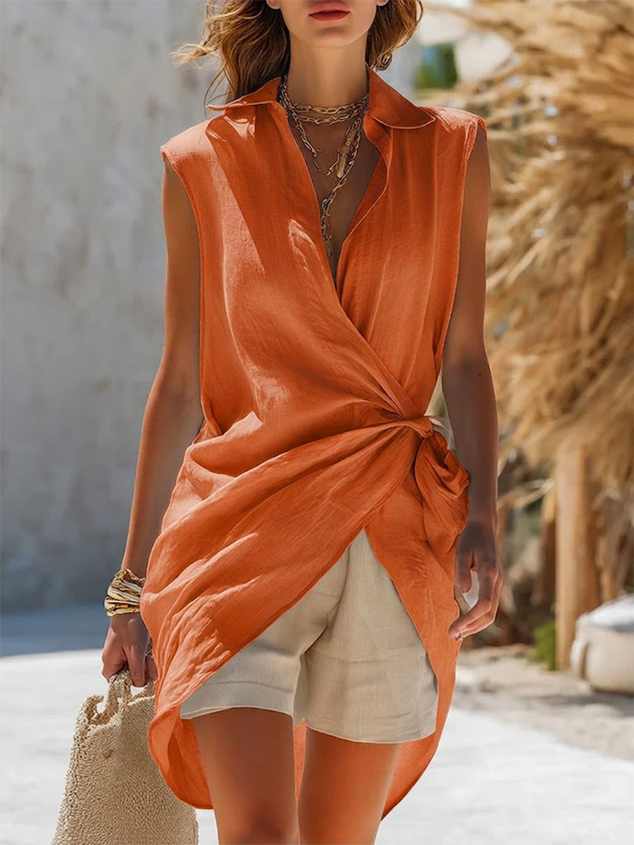 Casual Sleeveless Linen-blend Shirt With Side Ties