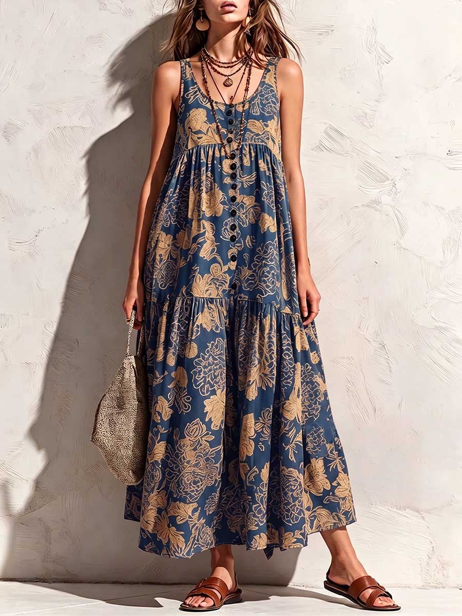 Women's Vintage Print Crew Neck Sleeveless Casual Loose Cotton-linen Dress