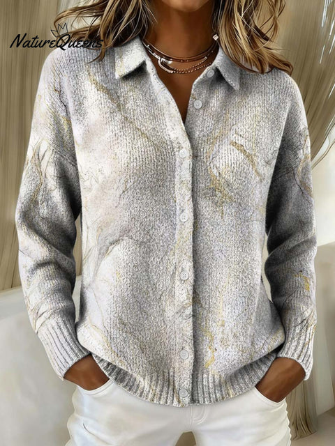 Marble Pattern Decorative Pattern Casual Shirt Collar Long Sleeve Sweater