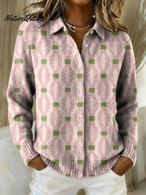 Women's Pink Striped Pattern Printed Collared Sweater