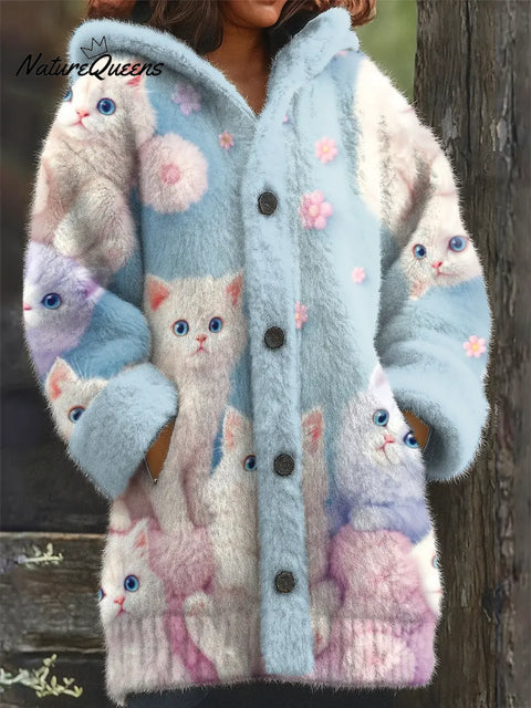 Women's Funny Cats Pattern Art Print Casual Fleece Coat